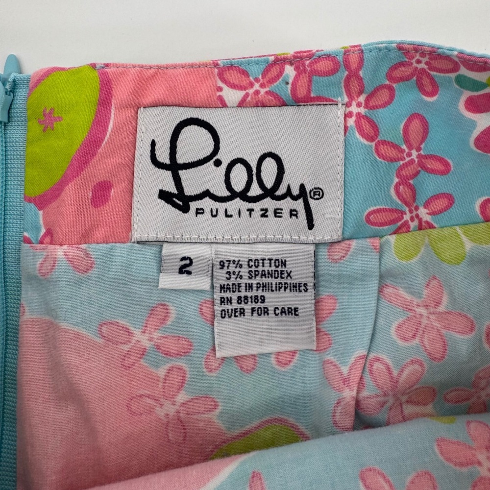 Lilly Pulitzer Mini Skirt Womens 2 Blue Pink Elephant Floral Print A-Line Cotton - Picture 5 of 6